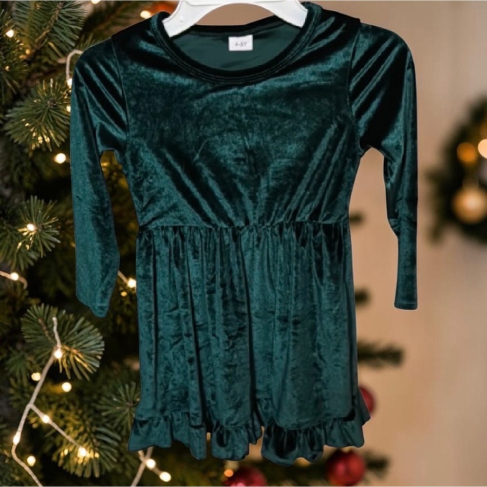 Girls Forest Green Velvet Long Sleeve Ruffle Hem Holiday Party Dress Size 4-5Y